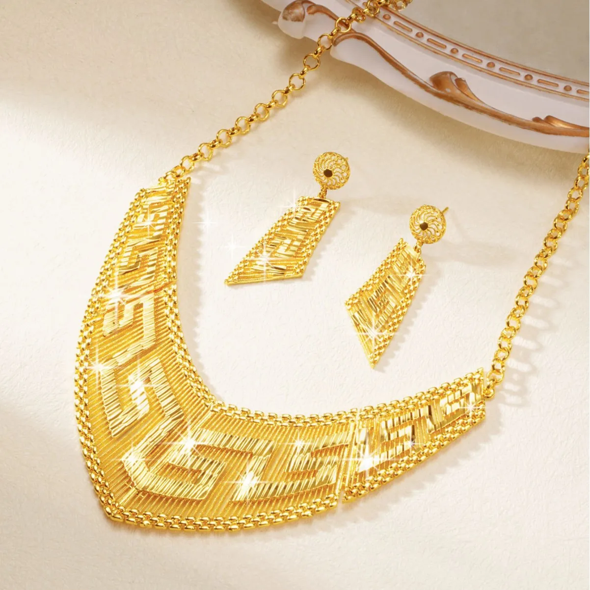 Luxury 24K 9999 Pure Gold real gold Middle East Africa Women's Necklace Earrings Set