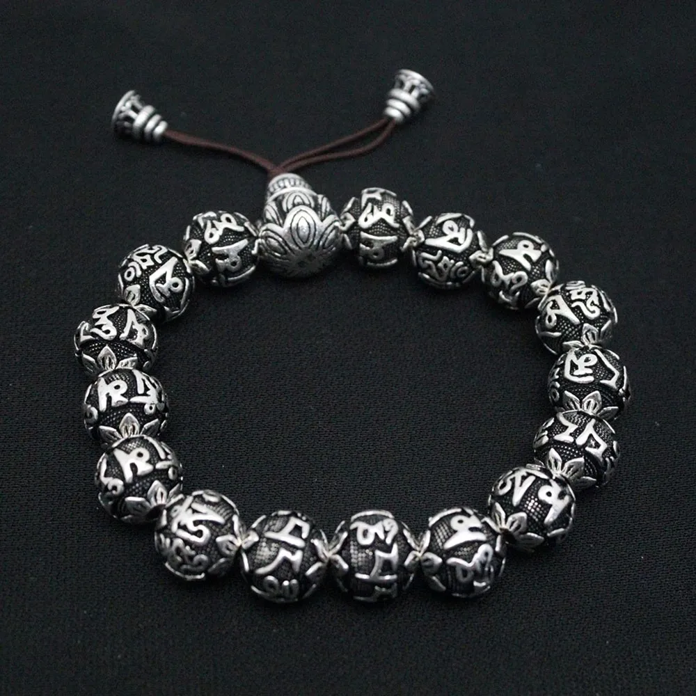 Real Pure 999 Fine Silver Men 12mm Carved Lotus Mantra Round Beads Bracelet 66.65g