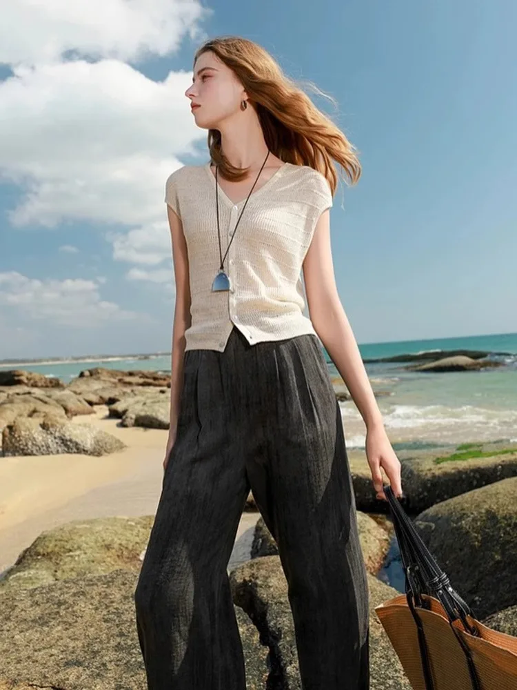 

Дышащий вязаный кардиган Lazy Sle на одной пуговице из ледяного шелка ort Sve Open Top Commute Faion Простая корейская версия V-ne