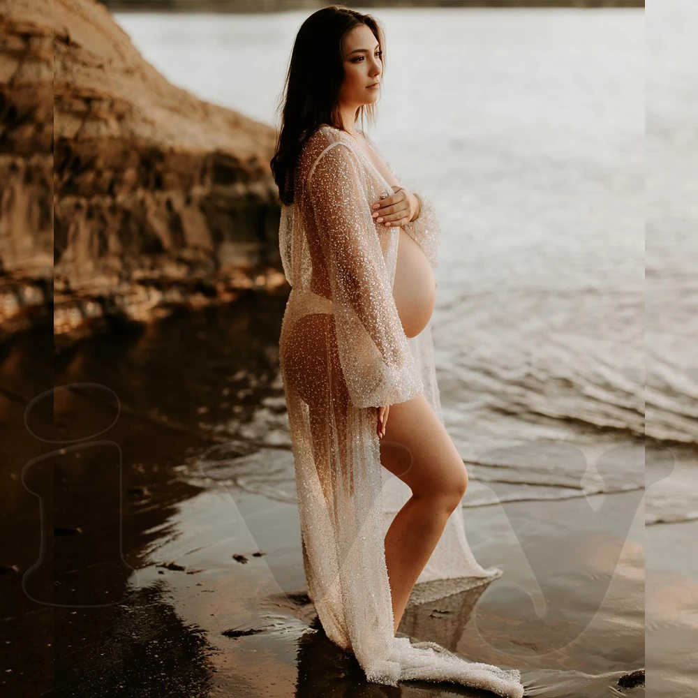 Maternity Photography Props Dress Sexy Transparent Mesh Studded Pearl Sequin Robe Photoshoot Photography Dress For Women