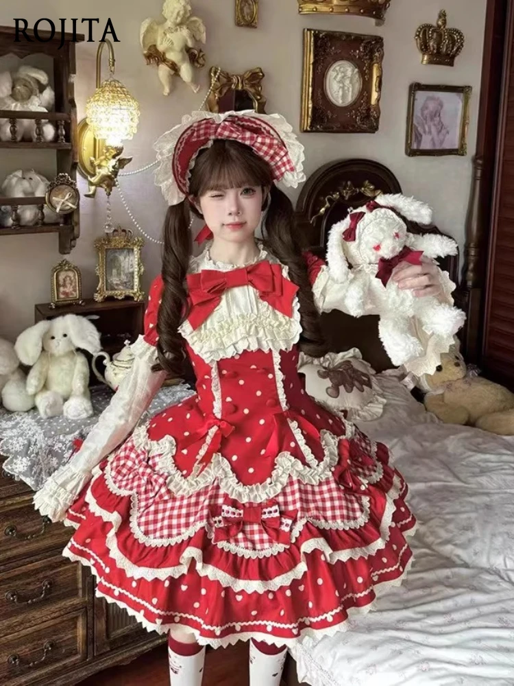 

Red Polka Dot OP Lolita Dress for Women Cute Short Sleeve Lolita Dress Bow Round Neck Kawaii High Waist Ruffle Tiered Dress