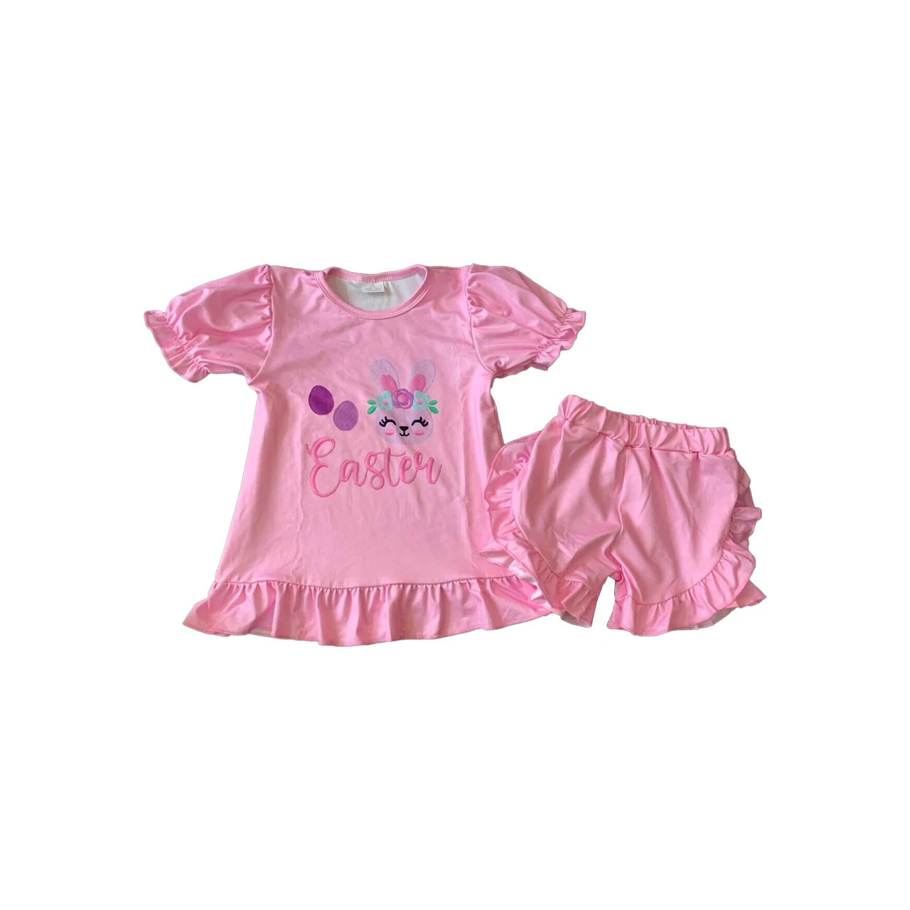 

New Girl Easter Bunny Print Pink Girls Set Bunny Egg Easter Print Shorts Boys Set