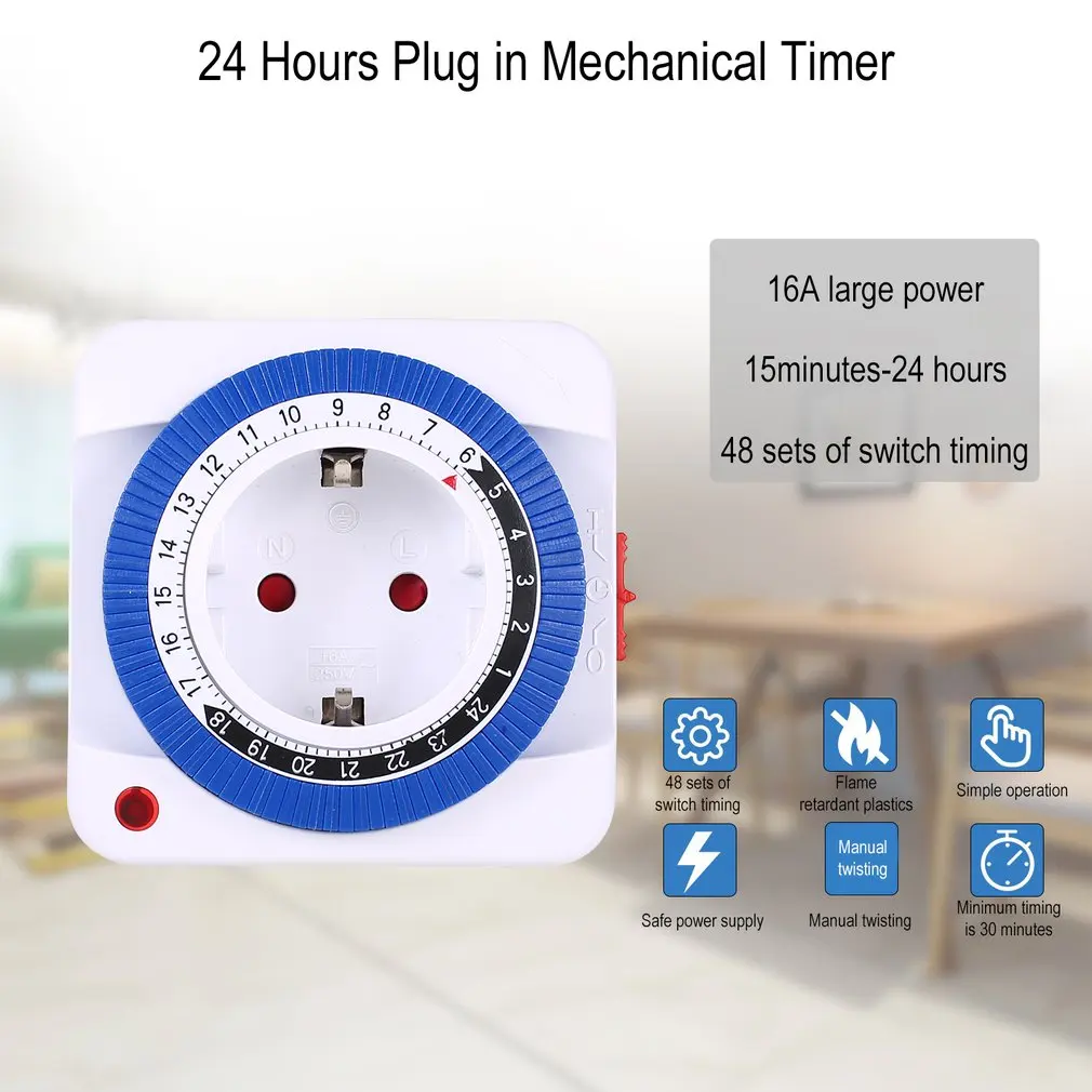 24 Hours Plug in Mechanical Grounded Programmable Timer Switch Smart Countdown Switch Socket Indoor Auto Power off 16A 230V