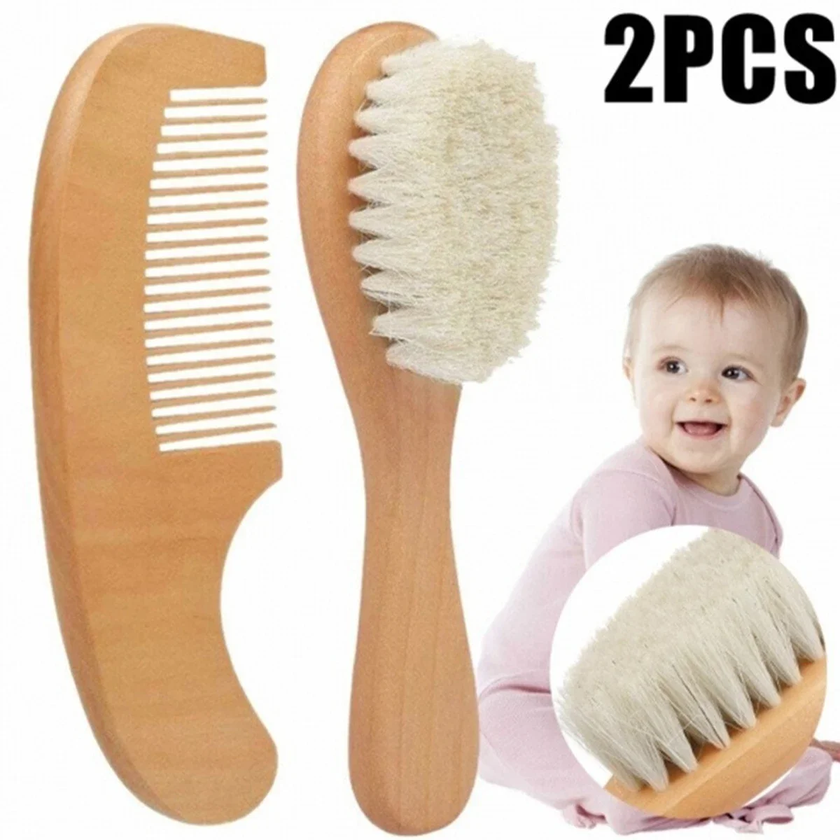 

2 Pcs Baby Hair Brush and Comb Set Natural Soft Wool Bristle Toddler Hair Brush Wooden Baby Comb Practical Baby Brush Set for