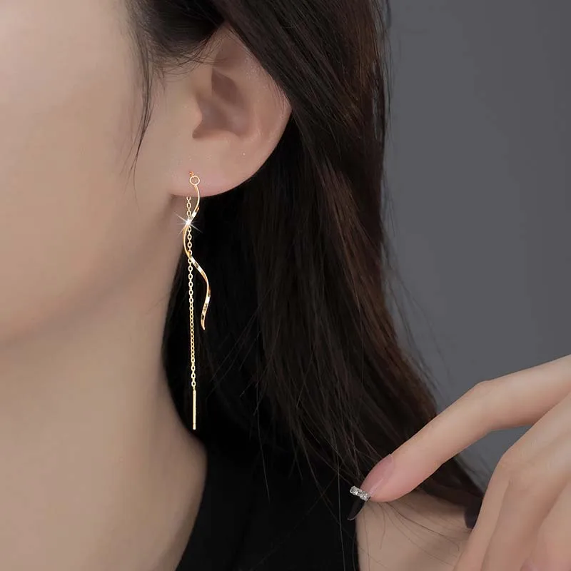 Korean Silver Color Wave Long Tassel Threader Earrings for Women Elegant Simple Long Chain Drop Earring Wedding Jewelry Gift