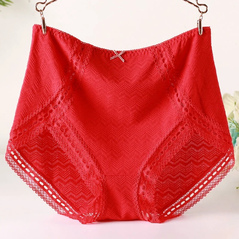 

Red Pure Cotton Lace High-waisted Underpants Weddings Year One's Zodiac Overweight Weighing 200 Pounds Breathable Antibacterial
