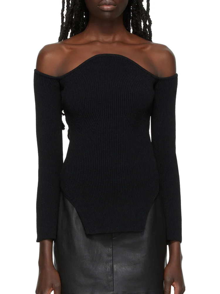 VGH Solid Casual Off Shoulder Knitting Sweaters For Women Slash Neck Long Sleeve Split Slimming Pullover Sweater Female Fashion