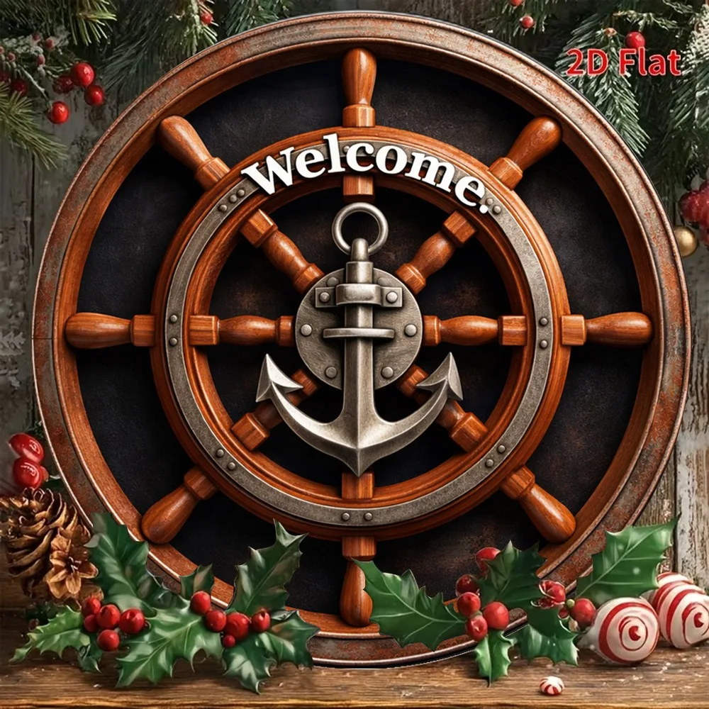 Vintage Anchor Rudder Welcome Nautical 2D Flat Tin Metal Sign Wall Plaque Restaurant Bar Garage Home Cafe Decor Gift.