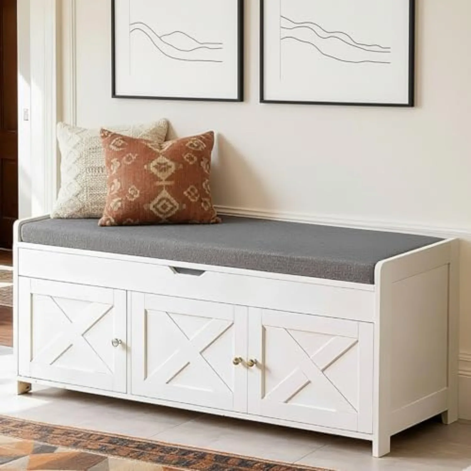 Amada Farmhouse Shoe Storage Bench with Cushion, 3 Doors & Lift-Top Storage, Adjustable Shelves, 300 lbs Capacity