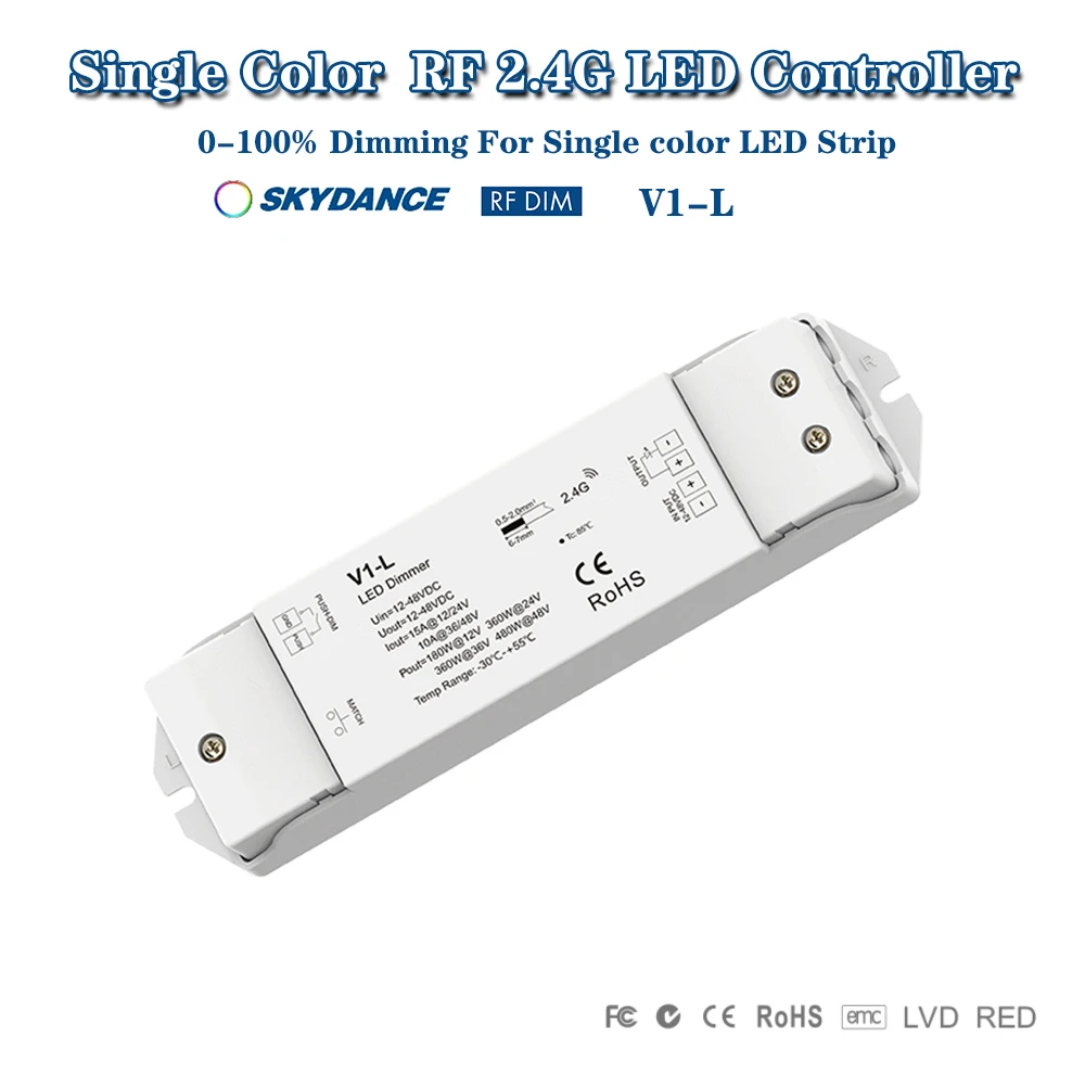 

Skydance V1-L DC12-48V 2,4 ГГцRF + Push Dim, постоянное напряжение, функция автоматического передачи, контроллер затемнения для одноцветной полосы