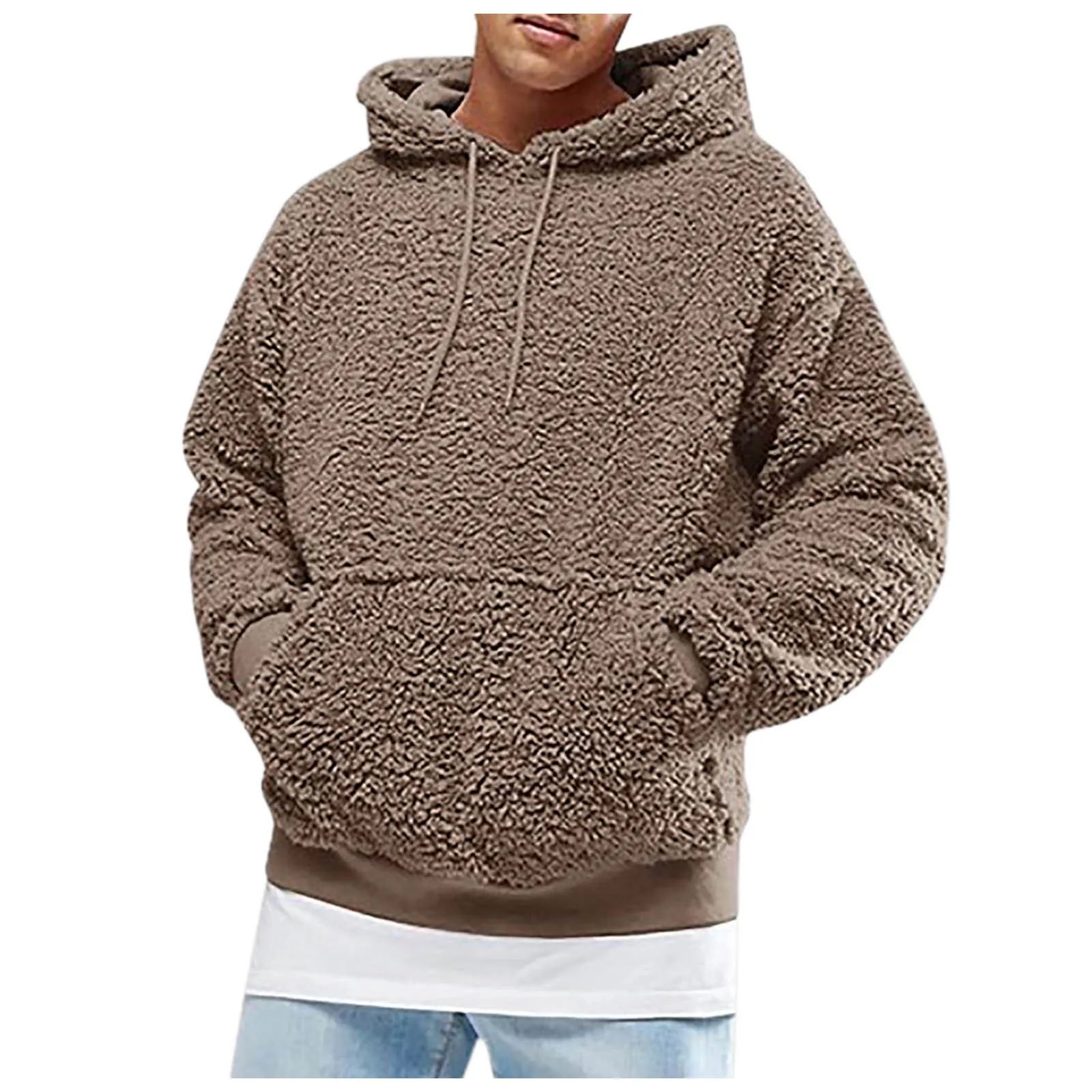 Hooded Winter мужской Mens зимний Sweatshirts пуховик Hoodie Fuzzy Sleeve Pocket Front Jacket Outwear Sport Long Pullover Fall