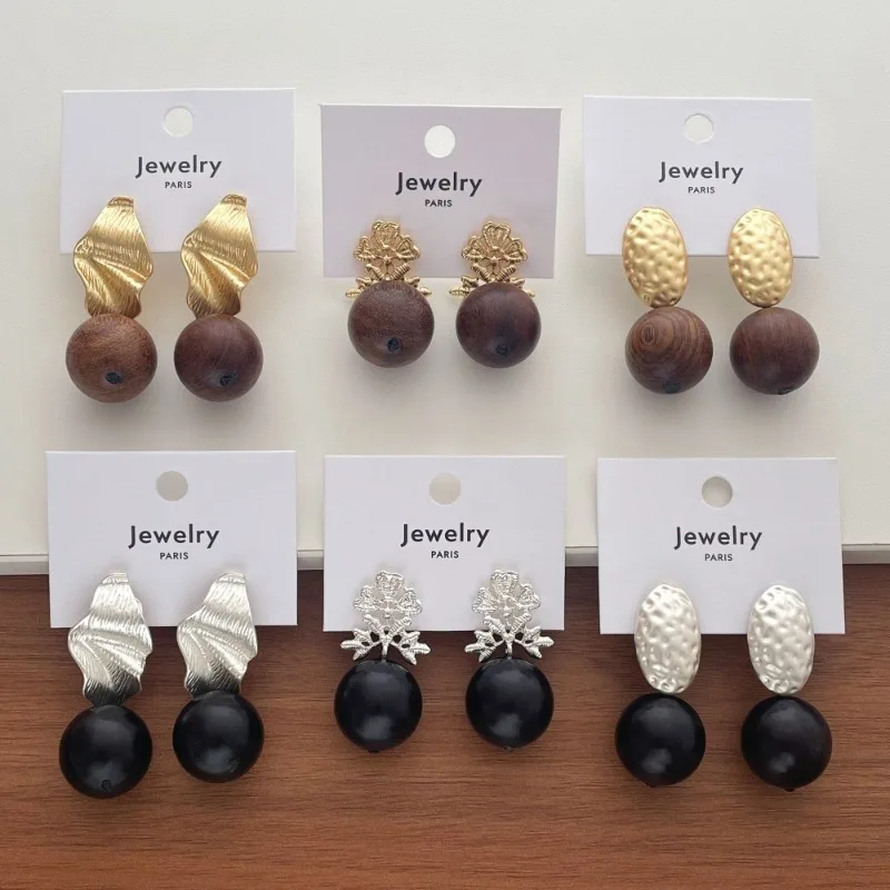 Minar Vintage Multiple Wood Beads Matte Color Hammer Tone Metallic Oval Leaf Drape Dangle Earrings for Women Party Daily Jewelry