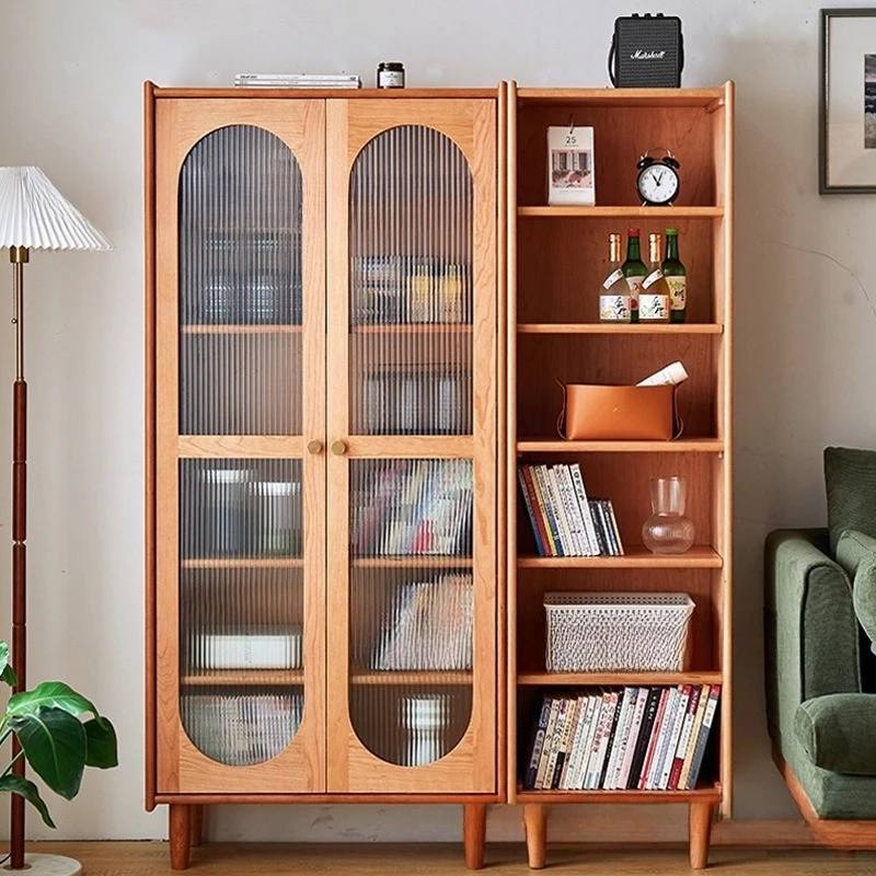 ตู้หนังสือไม้เนื้อแข็ง ตู้โชว์สไตล์ญี่ปุ่นสำหรับห้องนั่งเล่น ตู้เก็บของตั้งพื้นไม้เชอร์รี่พร้อมกระจก