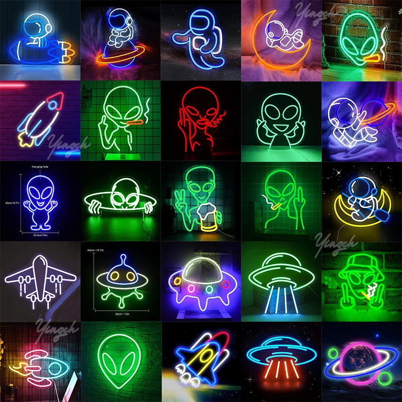 

Alien Neon Sign Custom LED Astronaut Aircraft Neon Spaceship UFO Decoration Lamp Decor Kid Room Wall Hanging Game Bar Party Gift