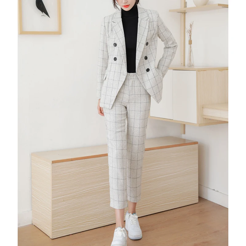 

British Style Plaid Suit Jacket Pants Set Women's Clothing Two-piece Set 2024 Autumn New Long Sleeve Office Lady OL Versatile