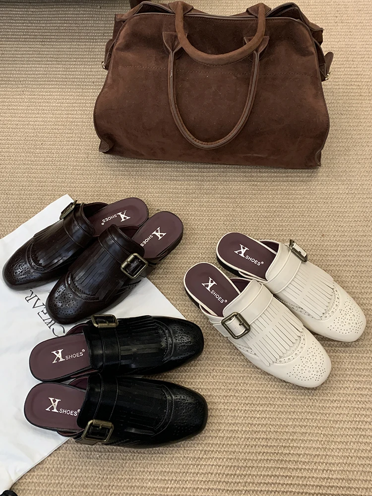 

Office Slip-On Slippers For Women Outer Wear 2025 New Women's Solid Color Closed Toe Mules Breathable Side Openings Roman Sandal