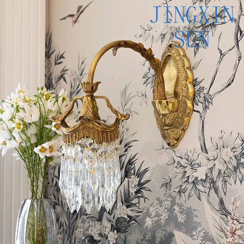Julian French for Versatile Vintage All Copper Carved Crystal Tassel Villa Wall Light for Living Room Corridor Decorative