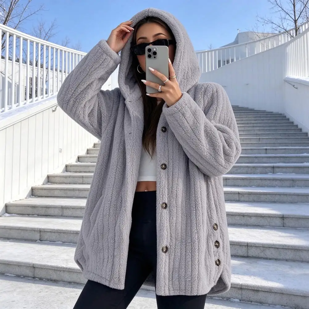 Women Hooded Jacket Button Closure Jacket Women’s Fleece Hooded Coat Oversized Button Front Jacket Warm Long Sleeve for Fall