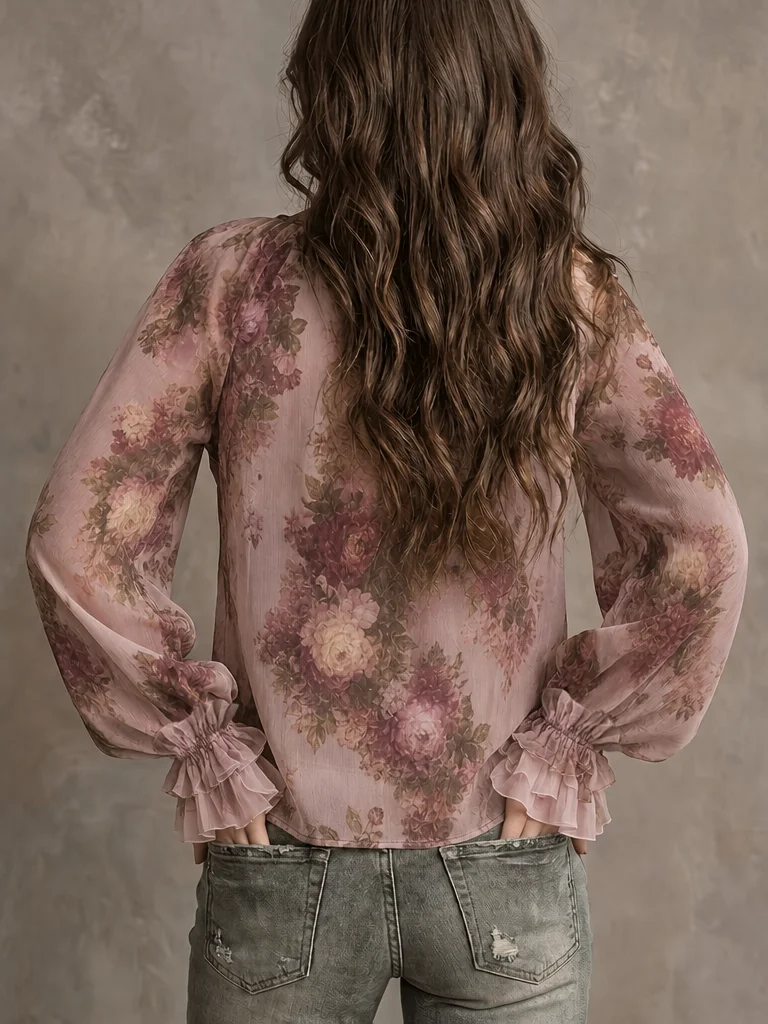 Damen Vintage Blumenmuster V-Ausschnitt Bluse mit Glockenärmeln Chiffon-Top Elegante Retro-Mode – Detail 7