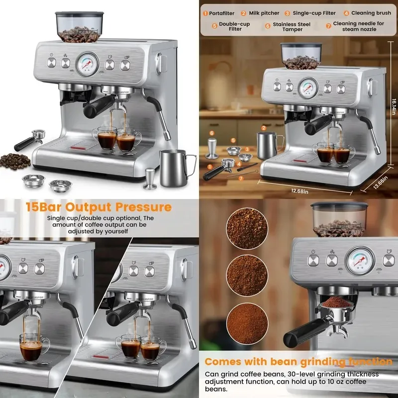 SJNew Metal Professional Semi-Automatic Portable 20 Bar Pressure Commercial Espresso Machine with Grinder Suitable for Home and
