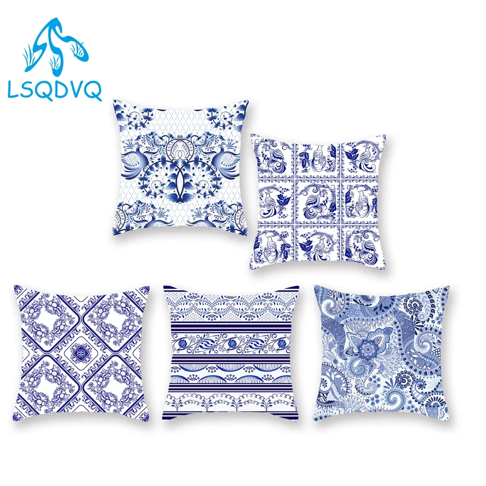 Blue and White Porcelain  Polyester Boho Geometric Mandala Throw Pillows Cushion Covers for Sofa Home Living Room Decoration