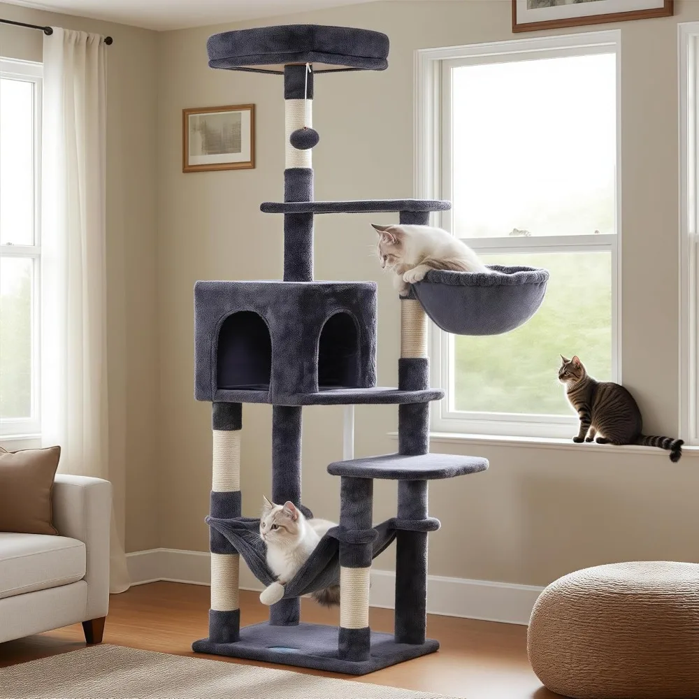 

Cat Tree with Large Hammock, Multi-Level Cat Tower for Indoor Cats, Cat Condo with Sisal-Covered Scratching Posts an