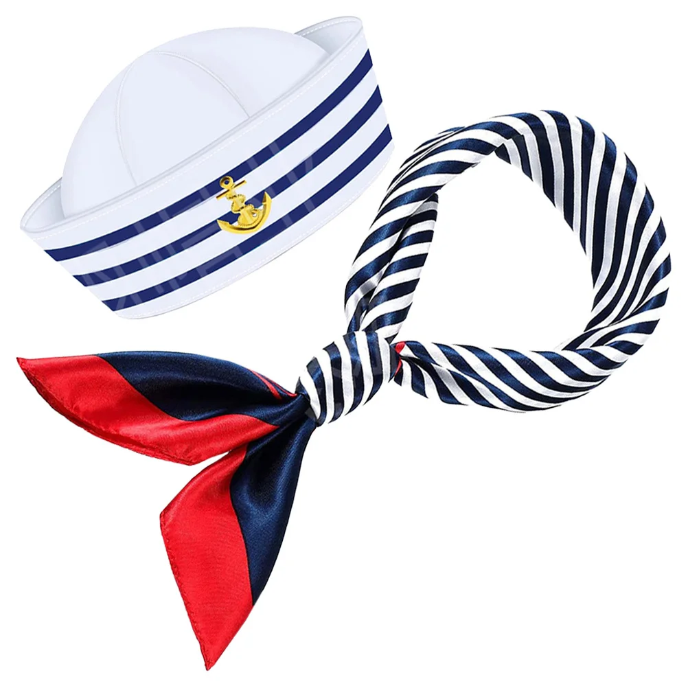Niebiesko-biały zestaw kapitański: czapka, szalik, 58 cm, strój marynarski, damski, męski, czapka marynarska, akcesoria na imprezę marynistyczną, akcesoria do statku.