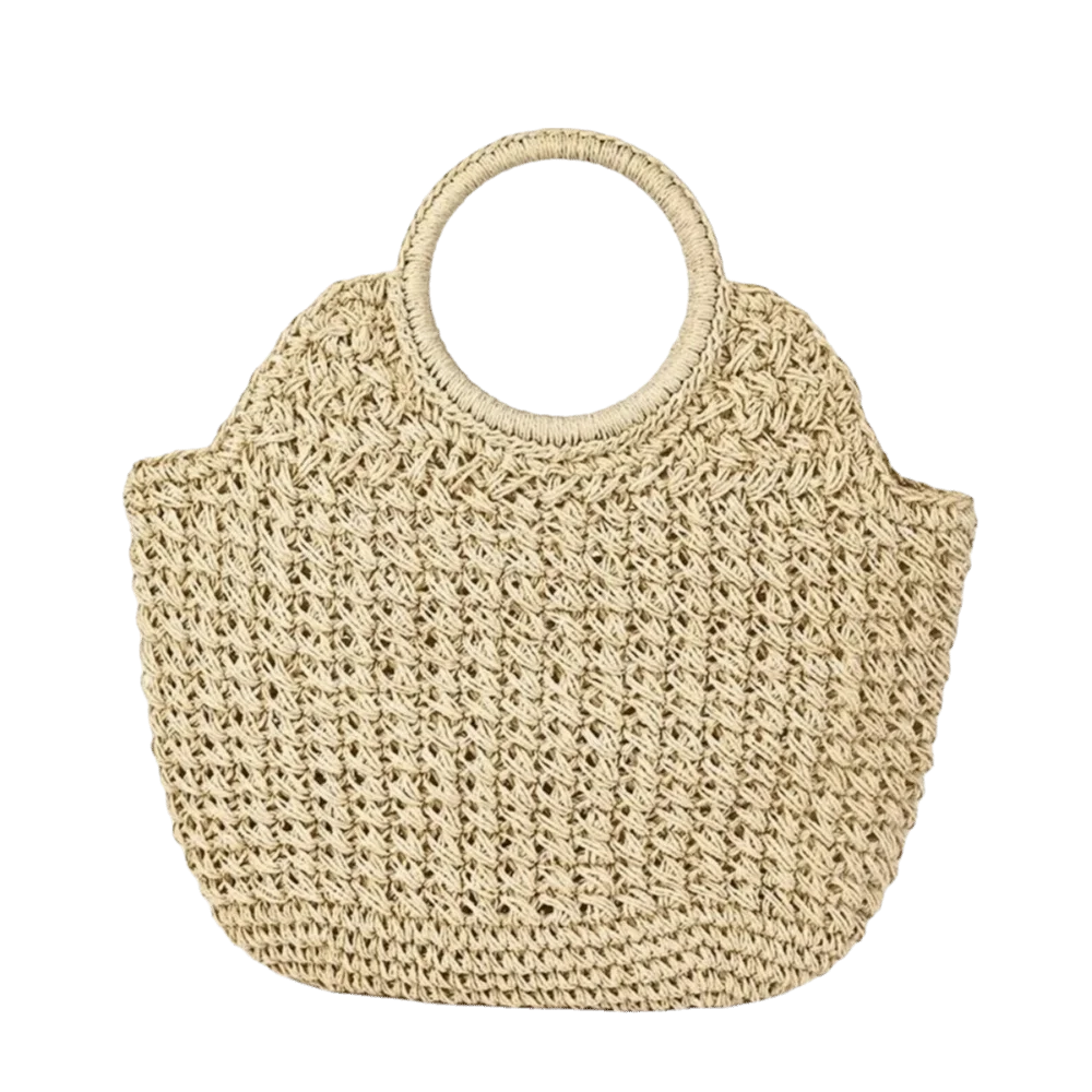 Bolso de mano de fibra natural, de color liso, gran capacidad, ideal para la playa y los viajes, con asa redonda de paja tejida, un bolso elegante para el verano.