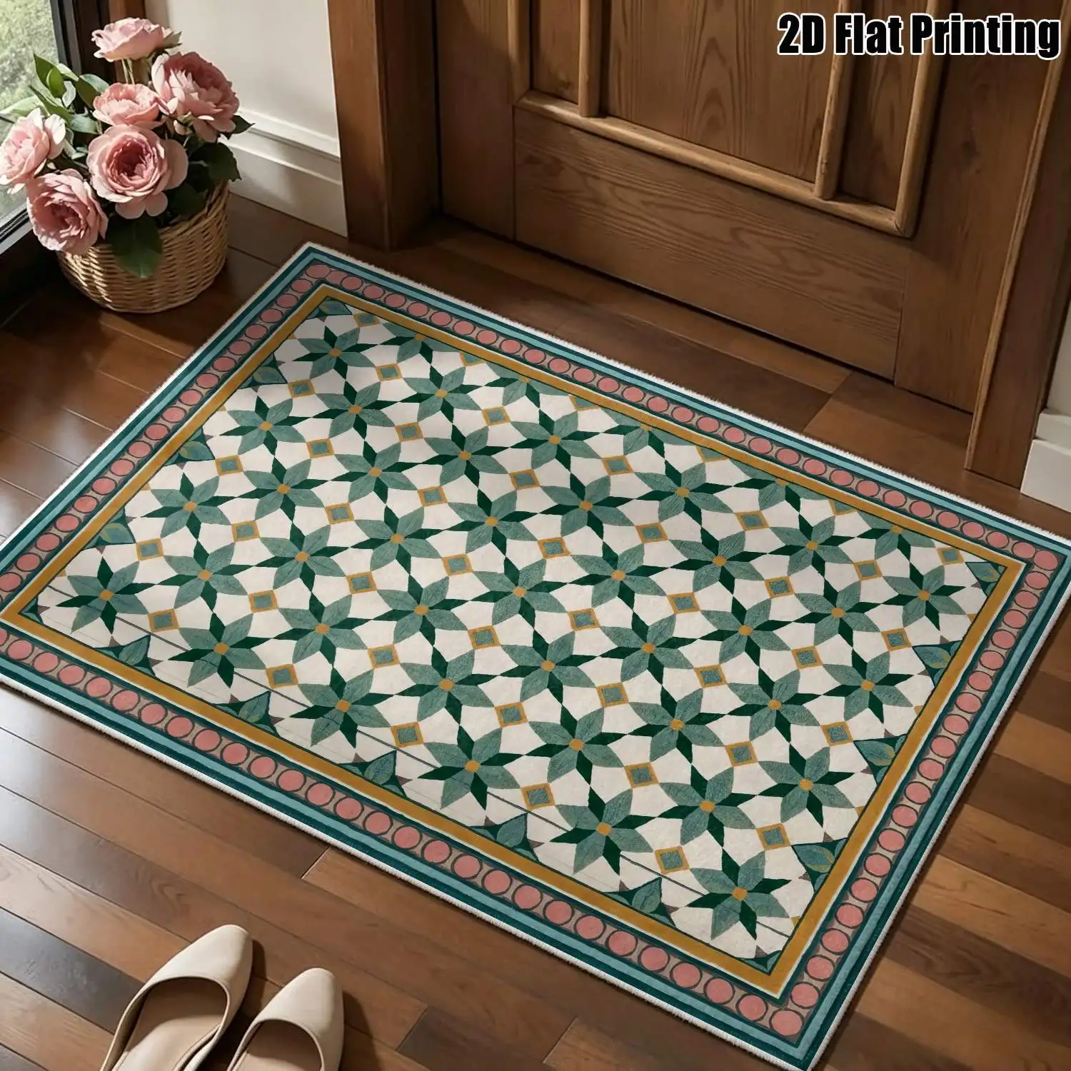 1Pc 2D Printed Velvet Carpet, Blue-Green Geometric Star Pattern, Nordic Modern Minimalist Style, Machine Washable, Multi-Size, Ideal for Home Decor Rooms