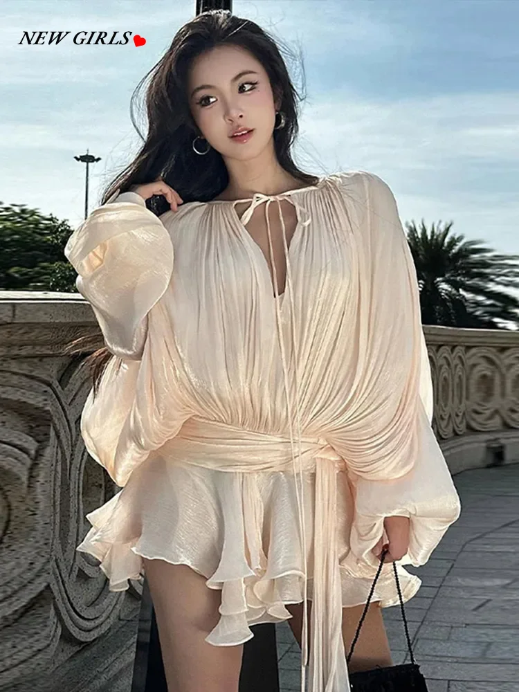 Luxury Elegant Mini Dress For Women V Collar Lace Up Blouse Dresses Long Sleeve Stacked Hem Vestido 2025 New Lady Women Clothing