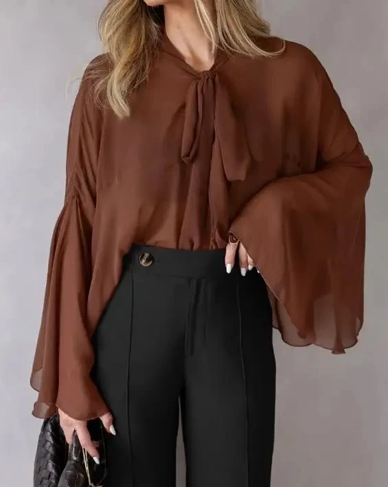 

Loose and Breathable Chiffon Top for Women In Autumn 2025 New Style with Off Shoulder Sleeve Versatile and Simple Lace Up Shirt