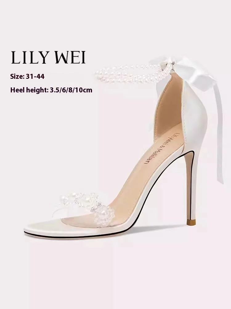 

Сандалии на тонком высоком каблуке на квадратном каблуке, летние босоножки из ПВХ с жемчугом и бисером, банкетные женские туфли большого размера на низком каблуке маленького размера