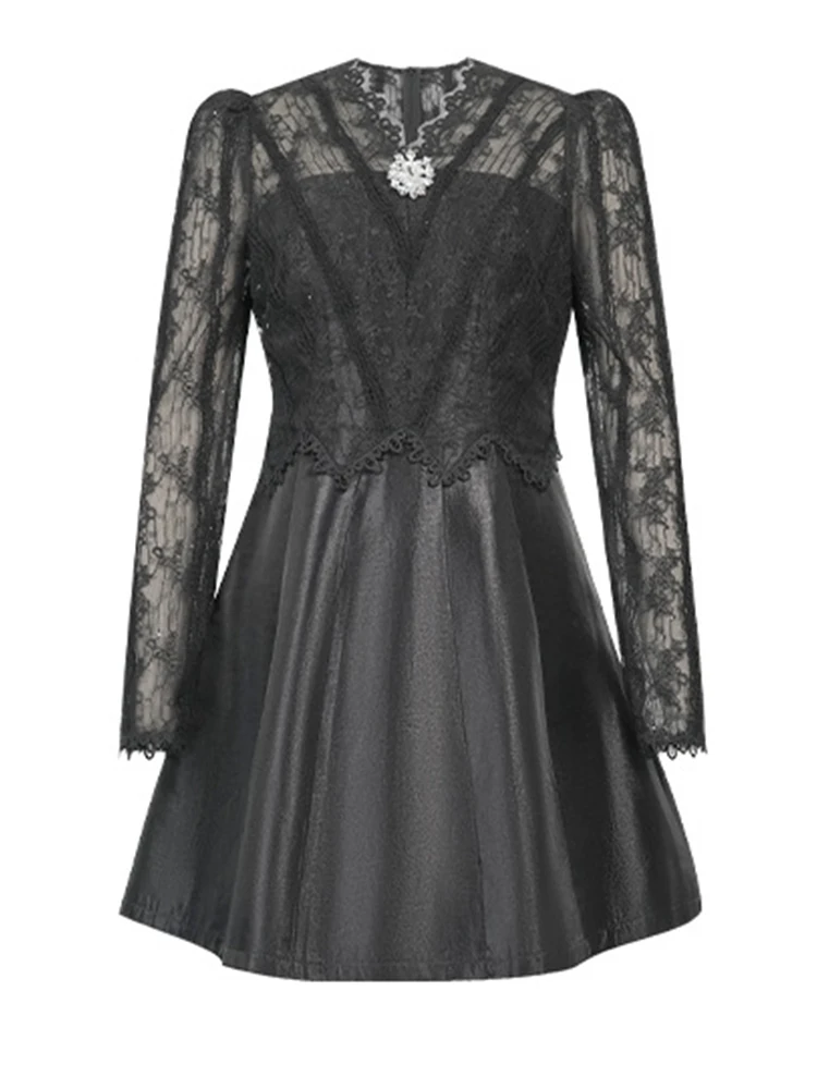 ชุดเดรสลูกไม้สีดำสไตล์ฝรั่งเศส ดีไซน์หรูหรา สำหรับงานปาร์ตี้ ประดับด้วยคริสตัลวิบวับ กระเป๋าเก๋ๆ ทรงสวิง สั้น  สำหรับผู้หญิง  งานเลี้ยงวันเกิด