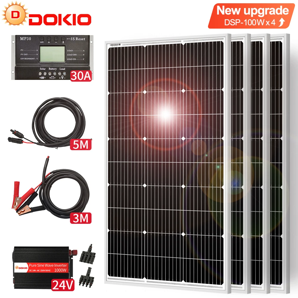 DOKIO 12V/24V 400W Waterproof Solar Panel System with 12V-230V 1000W Inverter solar system for home complete kit