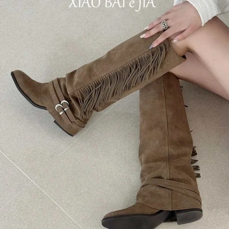 

Tall Boots 2025 Fall New Pointed Toe Belt Buckle Suede Tassel Soft Slip Block Heel Boots