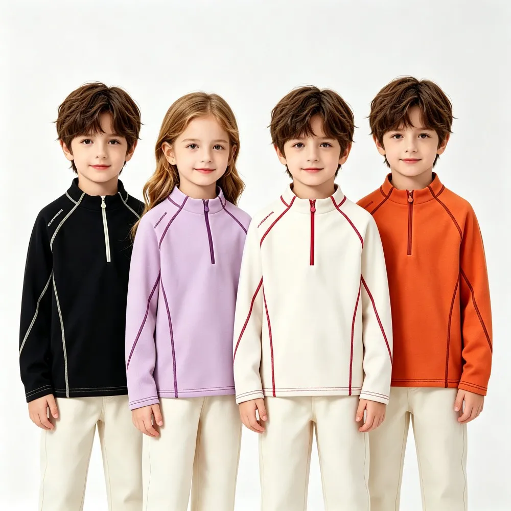 Autumn Winter Kids Half‑Zip Fleece Pullover Boys Girls Thermal Warm Base Layer Long Sleeve Stand Collar Outdoor Sport Sweatshirt
