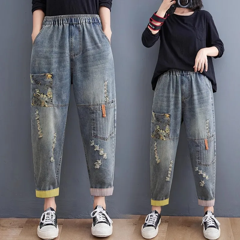 

Vintage Hole Embroidery Denim Trousers Spring New Fashion Elastic Waist Pants Loose Female Casual Nine Points Harlen Jeans T1299