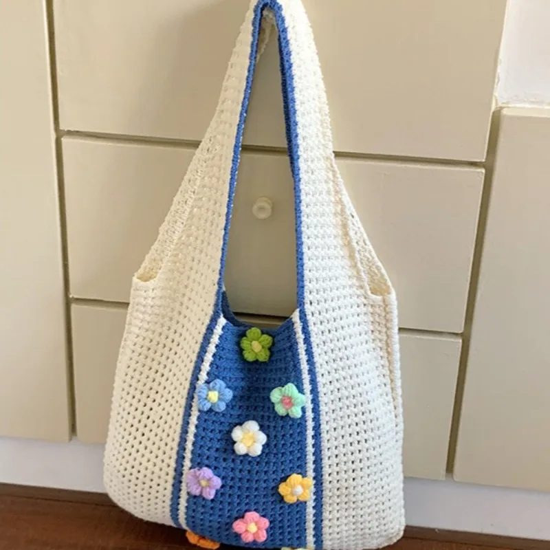 

Women's Floral Crochet Tote Bag Handmade Woven Straw Shoulder Purse Breathable Mesh Beach Bag with 3D Flower Decoration