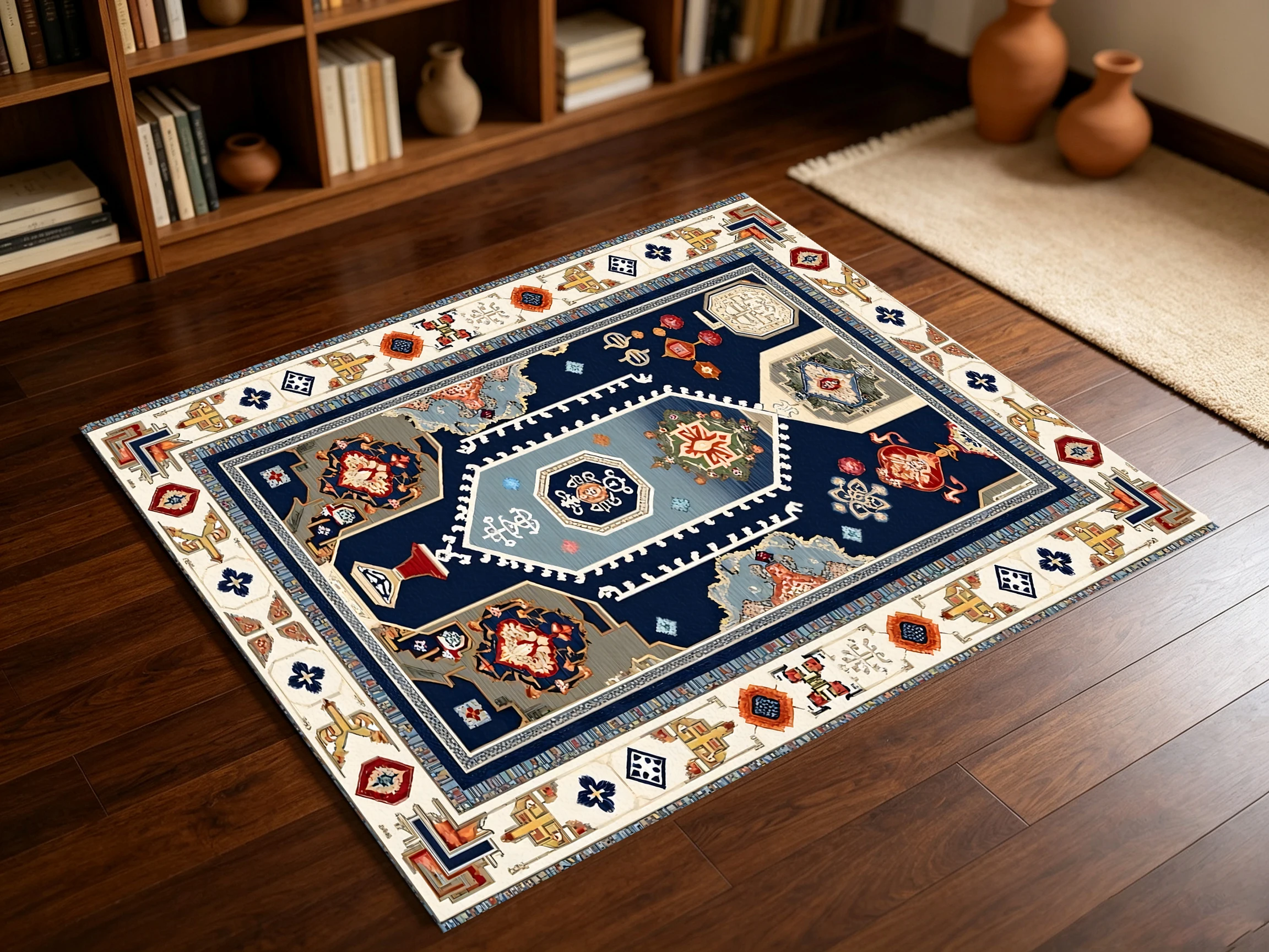 2D Large Rug with Retro Persian Ethnic Patterns, Exotic and Luxurious Style, Suitable for Living Room and Bedroom, One-Click to Refresh Autumn and Winter Decorations