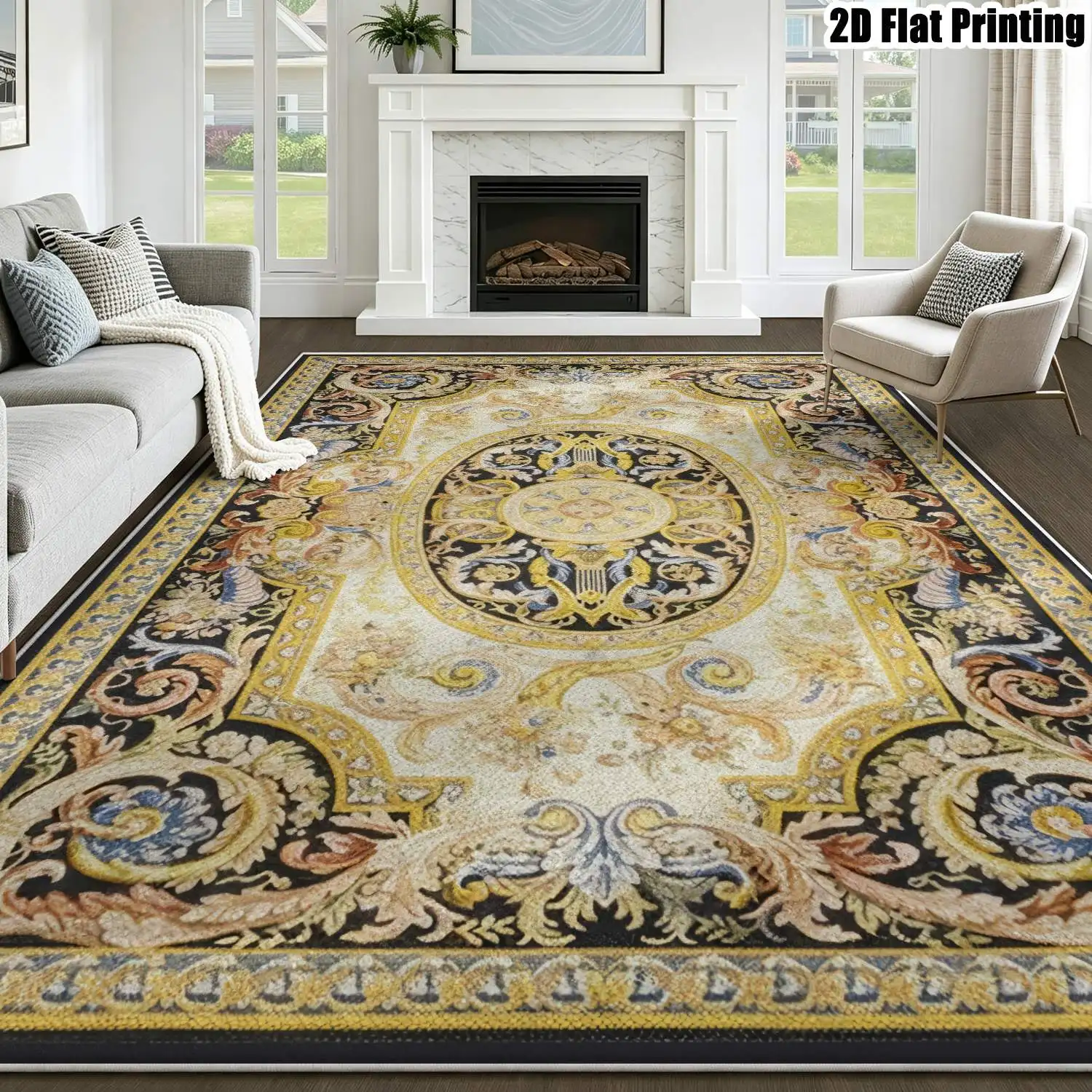1Pc 2D Printed Velvet Carpet, European Retro Geometric Pattern, Multi-Size, Machine Washable, for Entrance/Dining/Living/Bedroom Home Decor