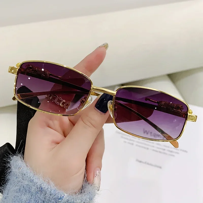 Fashion Small Frame Rectangle Sunglasses Women Retro Cheetah Decoration Clear Ocean Lens Eyewear Men Sun Glasses Shades UV400