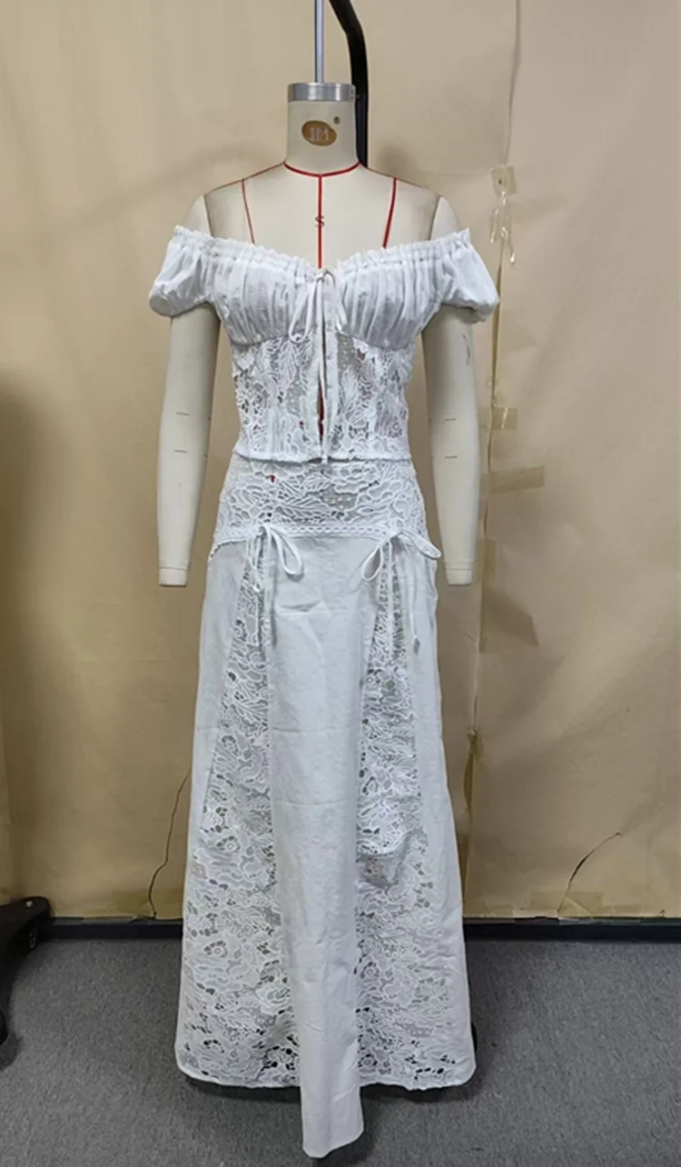 2026 Summer Lace Patchwork Skirt Suit Women Sexy Crop Tops + Long Skirts 2 Pieces Set Sweet Outfits Women Holiday White Suit