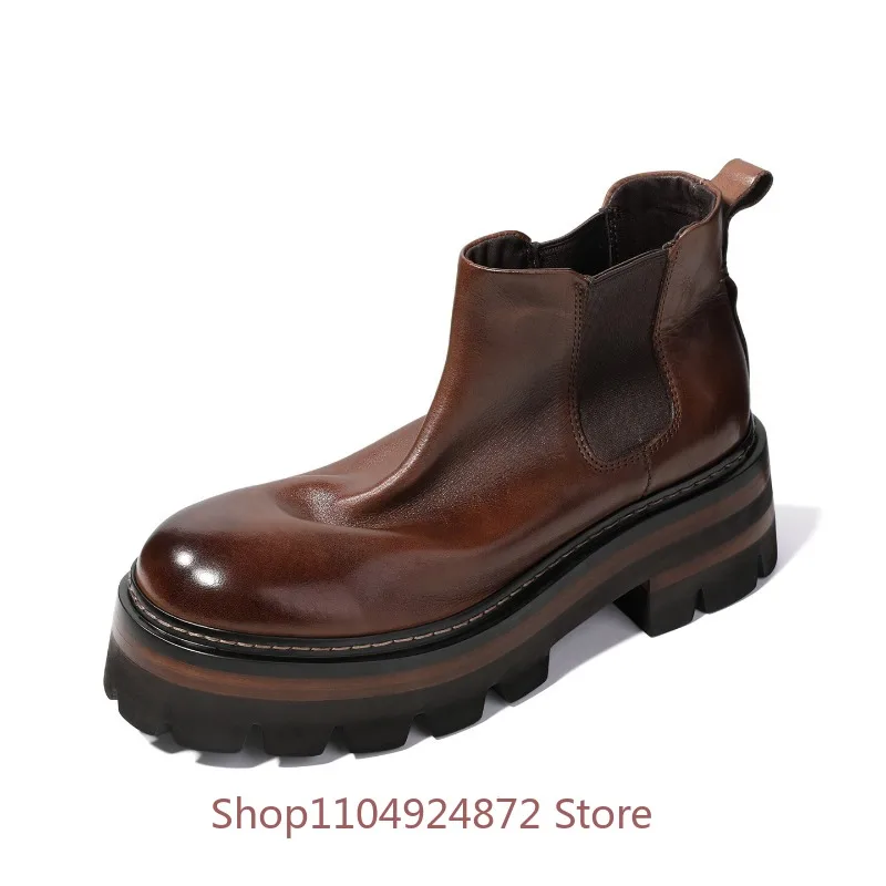 Vintage Brown Platform Chelsea Boots Men's Shoes Handmade Genuine Leather Outdoor Hiking Height Increase Ankkle Boots Male