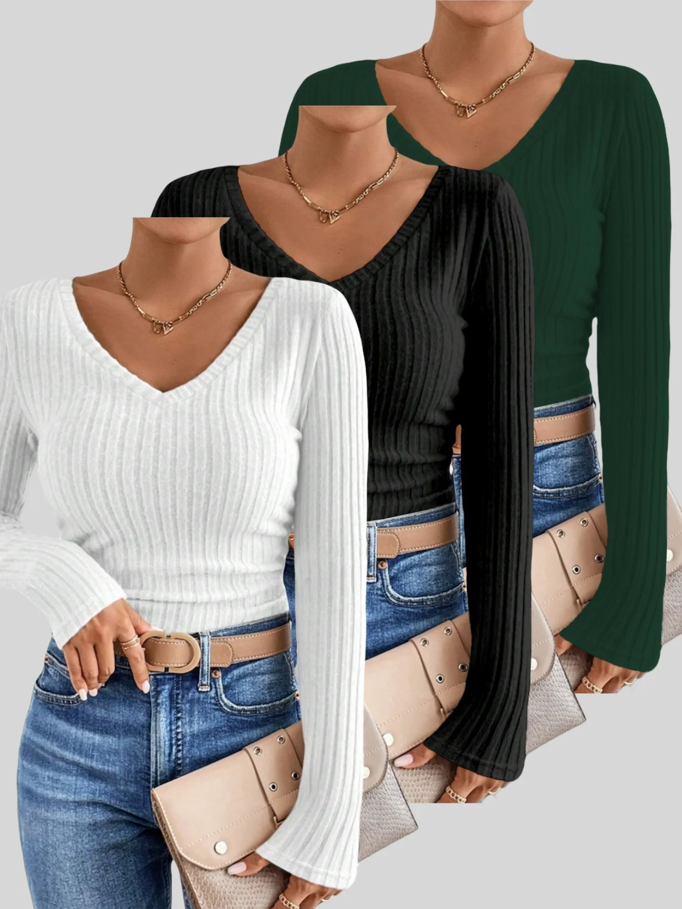 

Женская новая элегантная специальная однотонная футболка с v-образным вырезом и длинными рукавами, комплект из трех предметов