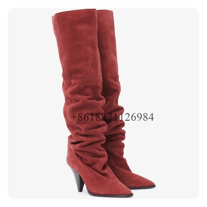 Claret Pointed Toe Over The Knee Women Boots Spike High Heels Slip On Design Large Size Fashionable And Versatile Shoes