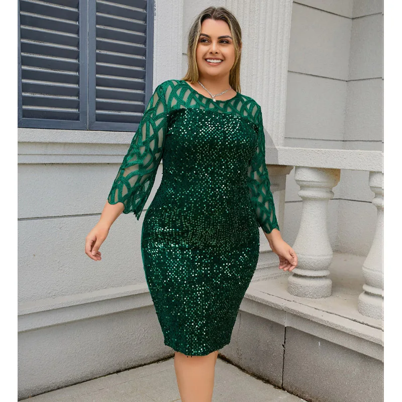 2025 女性スパンコールレースイブニングパーティードレス 3/4 袖プラスサイズミッドふくらはぎエレガントなカクテルフォーマルドレス OY-3187