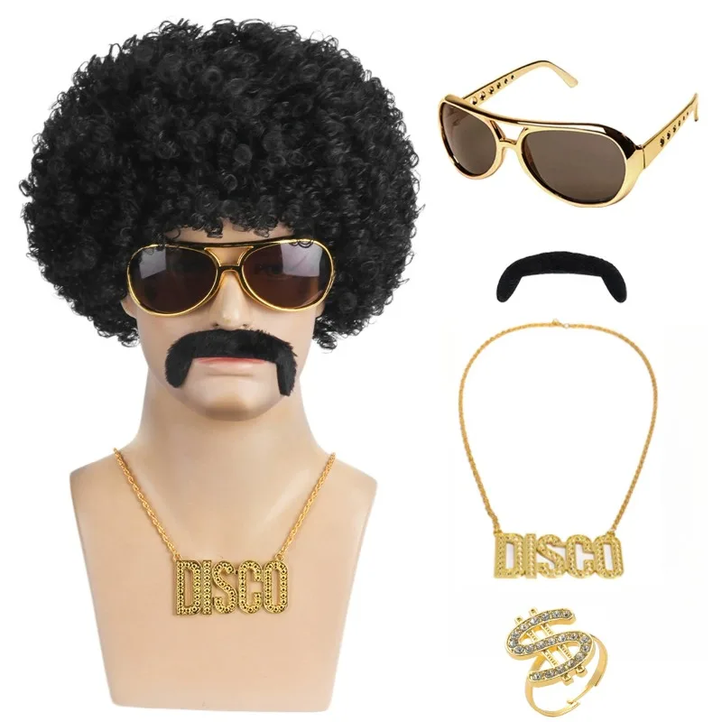 Retro Disco Hippie 60s 70s Cosplay Costume Sets Hiphop Necklace Sunglasses for Men Women Accessories Halloween Carnival Party