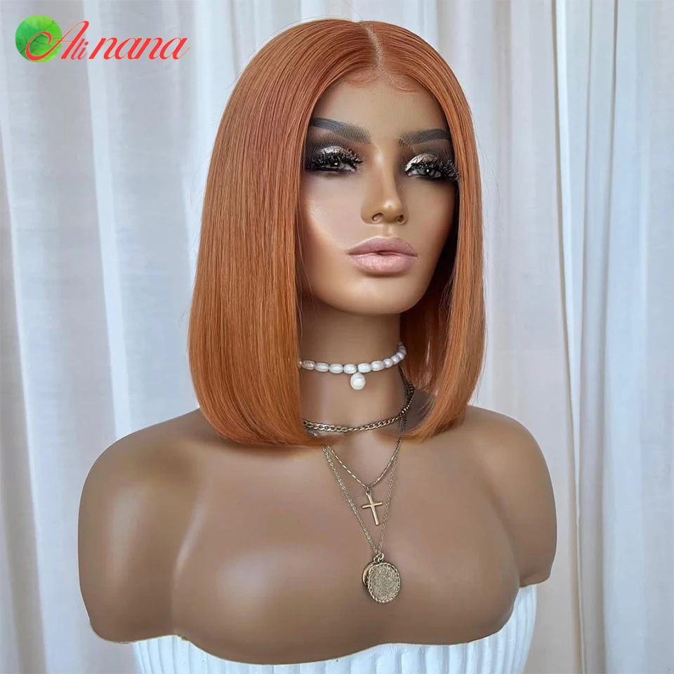 

Short Bob Human Hair Wig For Women Peruvian Remy Straight Bob Orange Colored 13x4 Transparent Lace Frontal Wig 200% Density