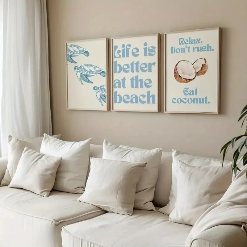 3pcs frameless Canvas Painting Summer Coconut Turtle Animal Canvas Print Coastal Nautical Light Blue Calm Wall Art Poster for Mo