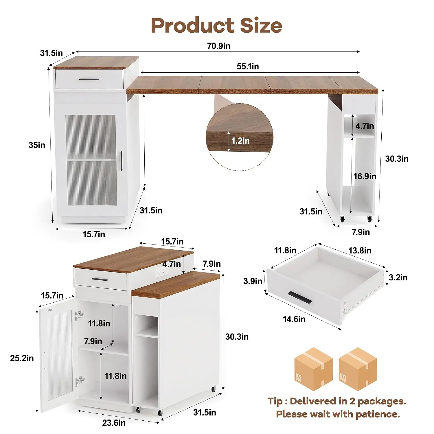 71''Kitchen Island with Extendable Dining Table for 2-4,Double-Side Storage | Mobile Islands Cart with Power, Customized